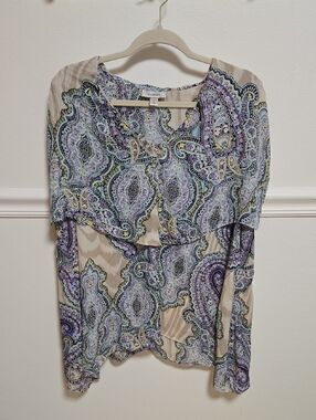 dressbarn Beige Paisley Layered Blouse with Purple Accents